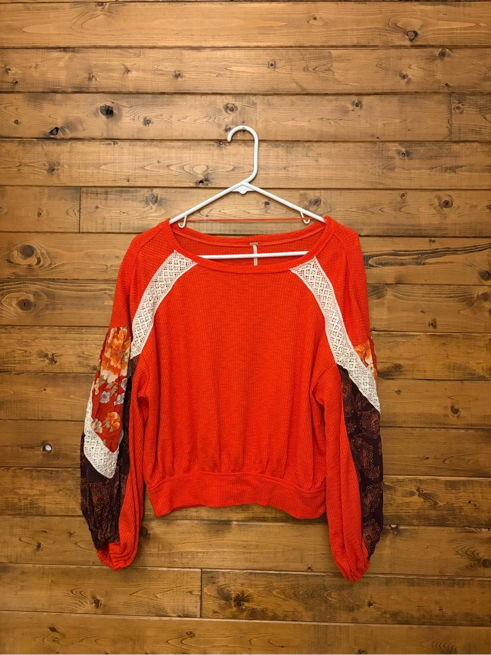 FREE PEOPLE Orange Mixed-Panel Long Sleeve Top
